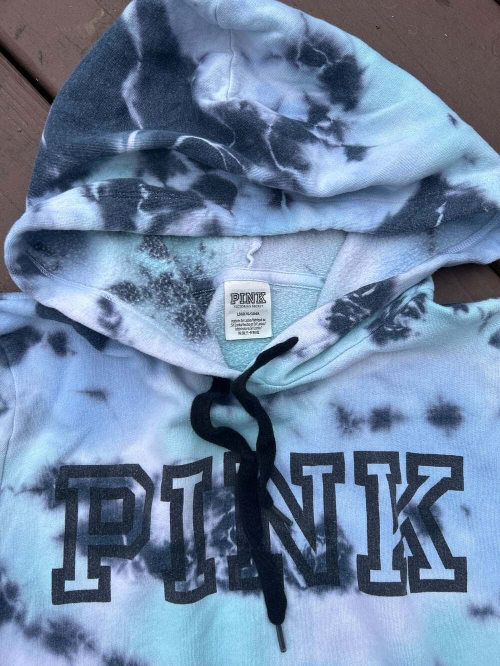PINK Victoria's Secret Tie-Dye Hooded Sweatshirt in Black and Light Blue - Picture 4 of 8